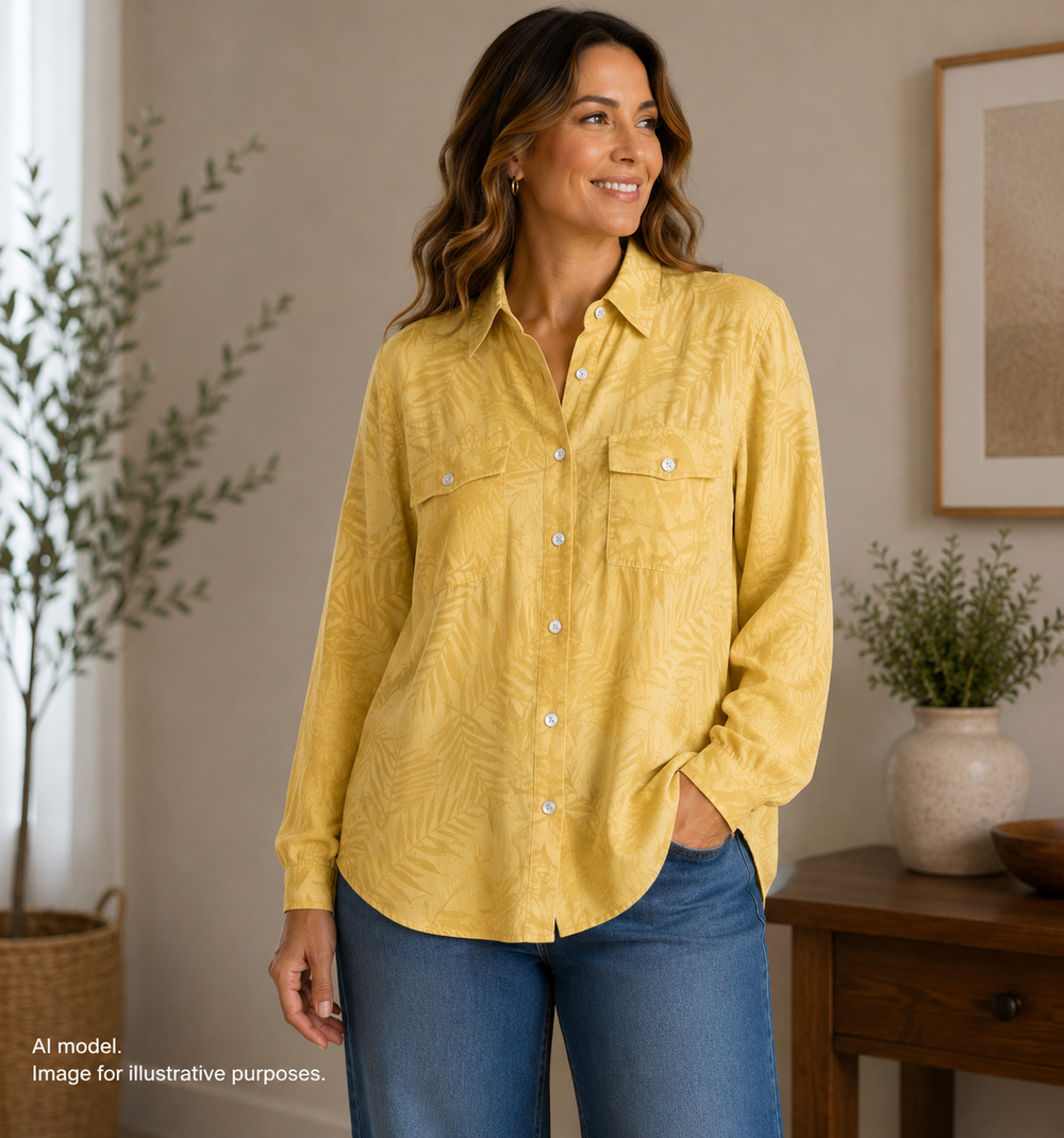 Chicos Shirt 3 Womens XL Yellow All Silk Textured Shadow Palm Camp Button Pocket